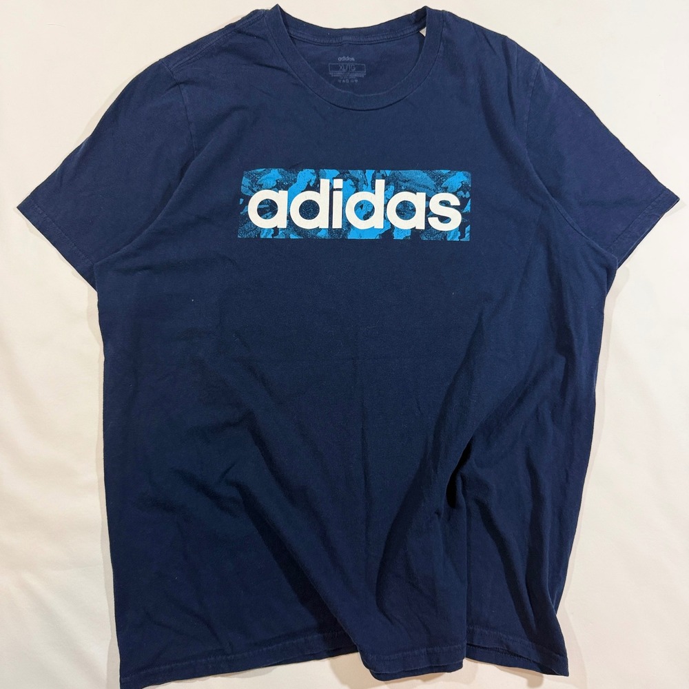 Adidas Graphic T-Shirt Mens XL Navy Blue Good Box Logo Short Sleeve Cotton